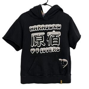 Harajuku Lovers Hoodie Womens XL Black Cut Off Short Sleeve Graphic Double Sided